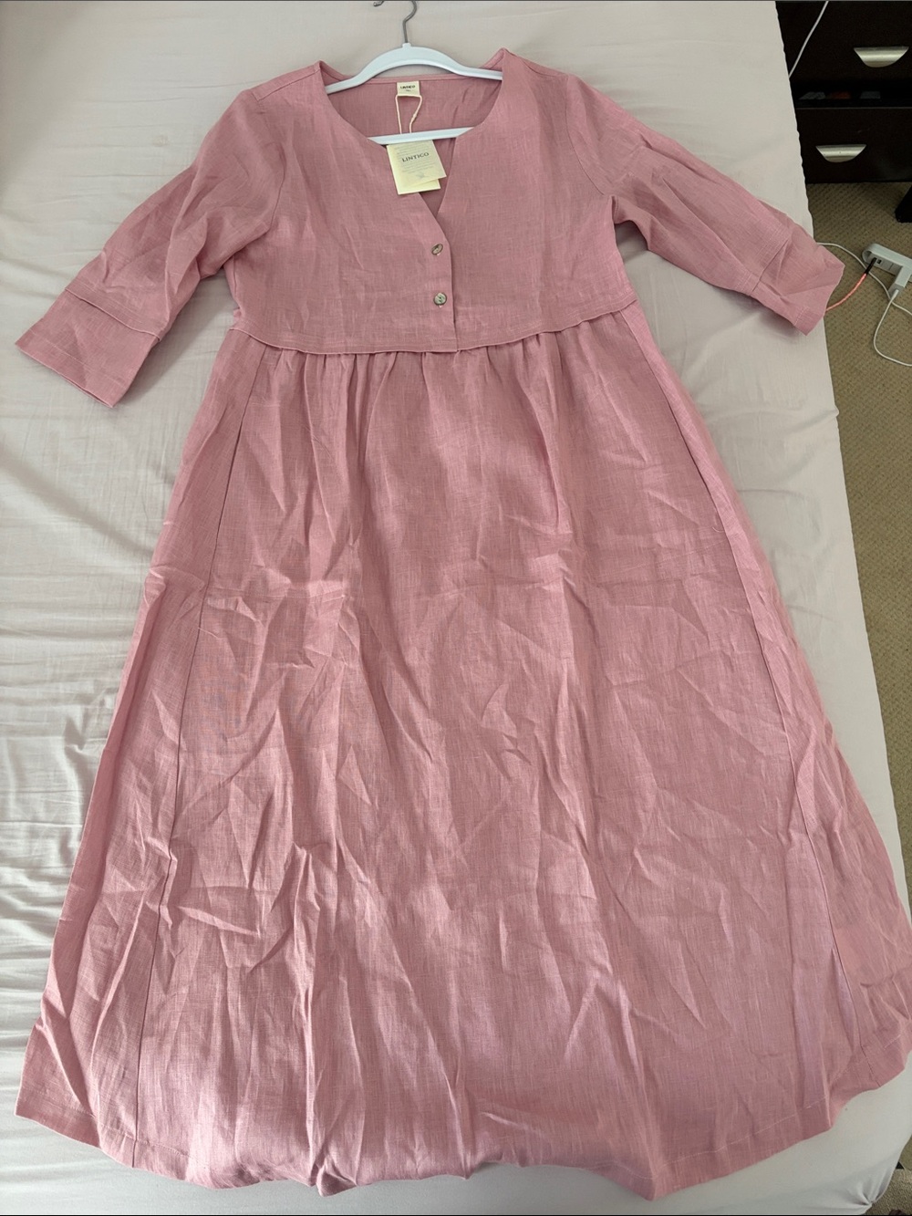 Lintico 100% Linen Loose Fit Button Waist Gathered Midi Dress LUNA Linen